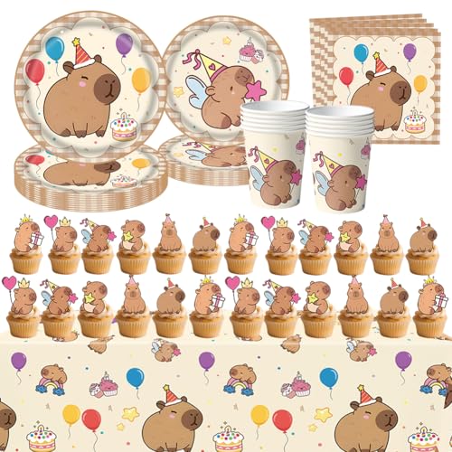 75PCS Capybara Vajilla de Cumpleaños,Juego de Vajilla para Fiesta Infantil Capybara, Dibujos Animados Vajilla Fiesta, Incluye Vasos Platos Servilletas Mantel (10 Invitados)
