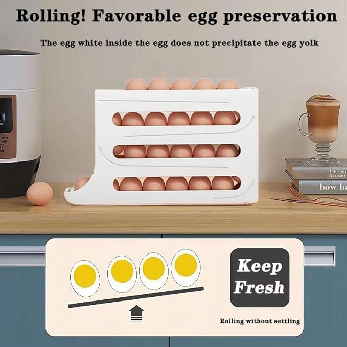 Image of 4-Tier Automatic Rolling Egg Dispenser for Refrigerator - Space-Saving Plastic Egg Holder, Holds Up to 30 Eggs, Roll-Down Design - (WHITE)
