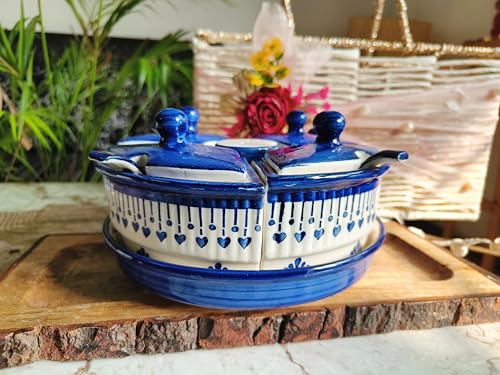 Image of Niyara Multipurpose Storage Ceramic Pickle set Jars with Lid & tray & spoon & Salt Dispenser (Set of 5, 300 ML) (Blue Jhalar)