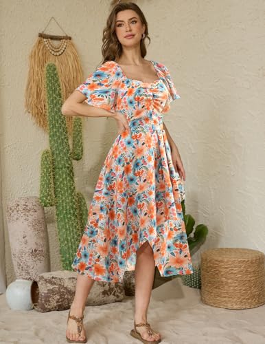 Image of Bridesmay Women's Floral Midi Dress Short Sleeve Summer Casual Dress Flowy Beach Wedding Guest Square Neck Sundress