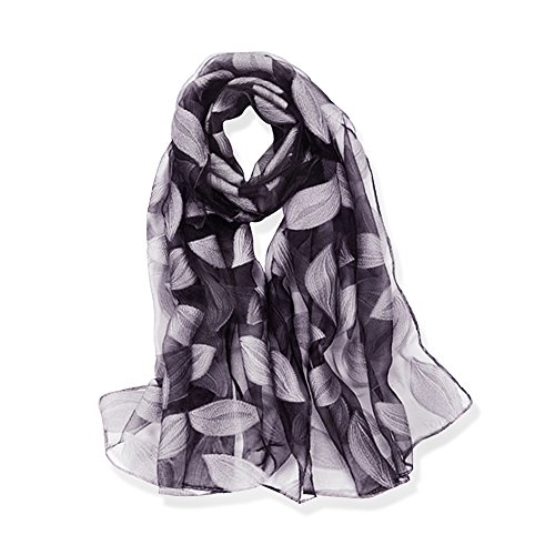 YFZYT Mujeres Bufanda/Echarpe/Pañuelo/Foulard, Larga Suave Chal de Gasa Fina Envoltura, Entretiempo Primavera Verano Otoño Chales Elegantes para Fiesta, Playa, Uso Diario - Hojas Grises Cover