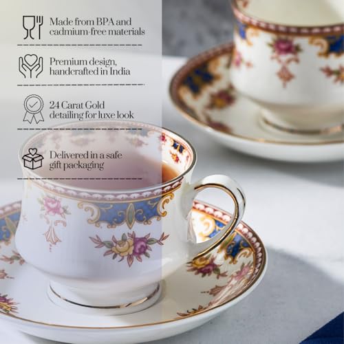 Image of GOLDEN QUEEN'S Cup & Saucer Set | Perfect for Hosting & for Tea /Coffee Lovers | Handcrafted in India, Inspired by Florals & 24-Carat Gold Rim | 6 Cups & 6 Saucers |170 ml (Blush & Blue Cascade)