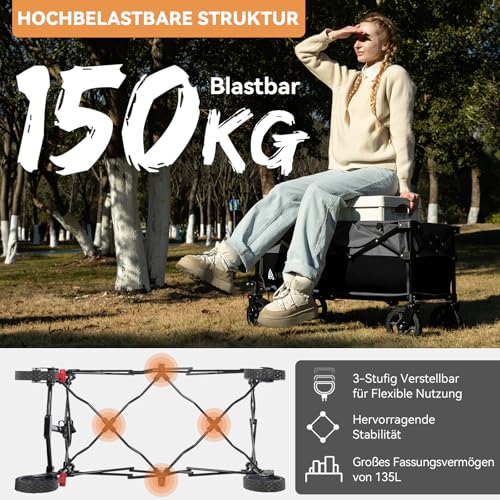 HIKENTURE Carro plegable de 135 l, carro plegable de 150 kg, carro de transporte plegable con Bremen, carro de mano plegable para camping, playa, carrito de la compra, color negro y gris - imagen 3