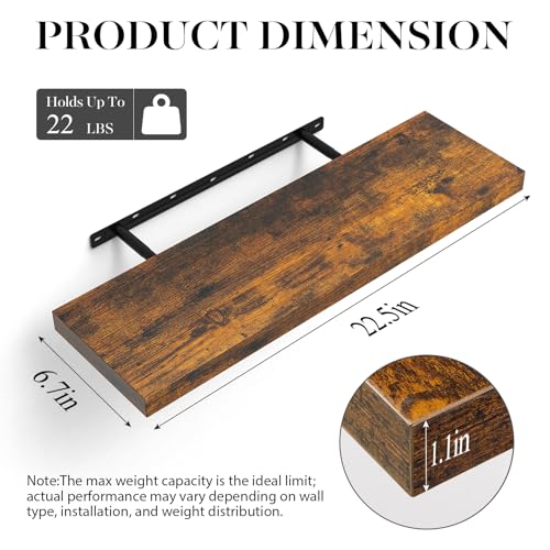 BAYKA Floating Shelves Set of 2, 22.5" Rustic Wood Wall Mounted Shelves for Bathroom, Bedroom, Living Room, Kitchen & Office, Hanging Display Shelf with 22 lbs Capacity (Rustic Brown) - Image 6