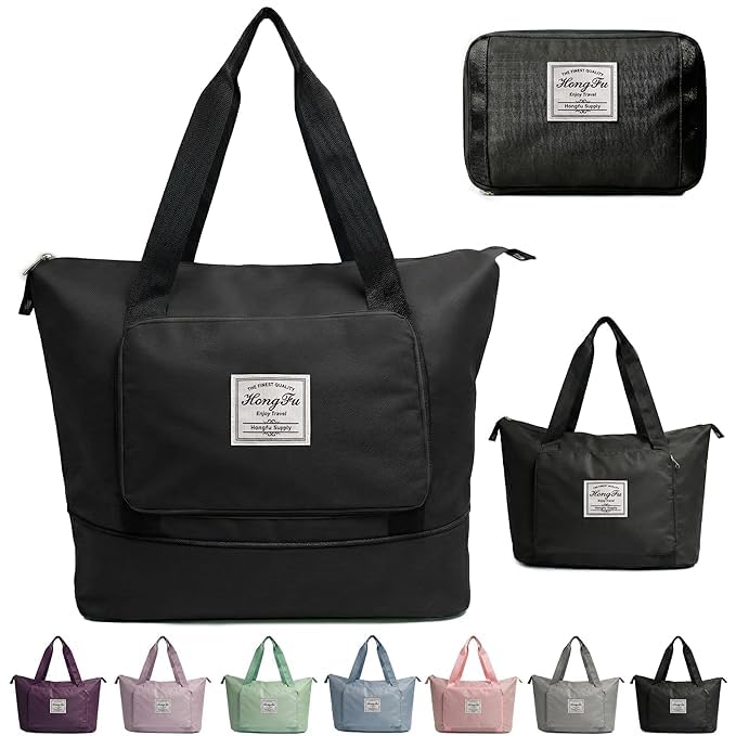 Expandable Travel Duffle Bag for Women, Foldable Waterproof Weekender Bag with Bottom Shoe Compartment, Lightweight Carry-On Luggage Tote, Large Capacity Overnight Gym Bag, Black-picture-36