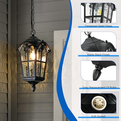 Black Outdoor Pendant Lights for Porch Hallway Patio, Aluminium Exterior Hanging Light Fixture, Outside Waterproof Vintage Hanging Lantern Light, Height Adjustable Outdoor Pendant Lamp