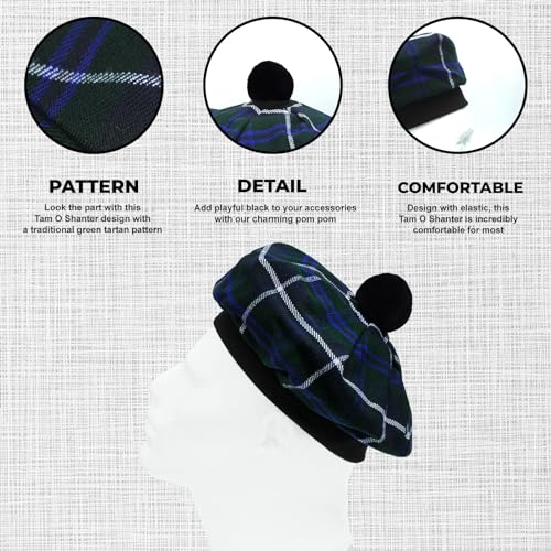 Image of Scottish Tam O' Shanter Hat Tartan Bonnet Pom Pom Wool Flat Cap One Size