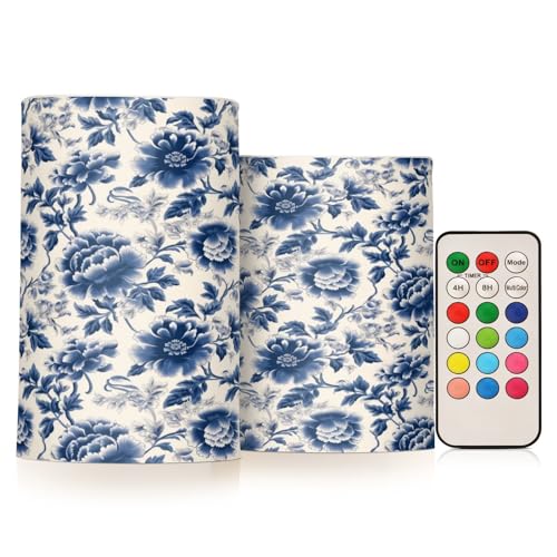 ALAZA Navy Blue Floral Flickering Flameless Candles Battery Operated with Remote Timer,Tea Light Candles LED Pillar Votive Candles set of 2 for Outdoor Indoor Decorations