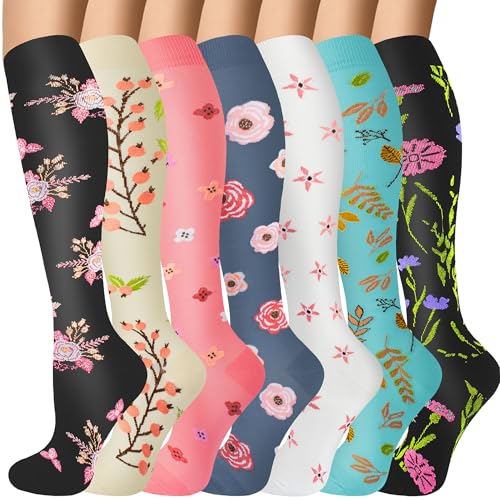 FOFLORA Compression Socks for Women & Men 7 Pairs Knee High Compression Socks 20-30 mmhg Best for Running,Nurse,Travel