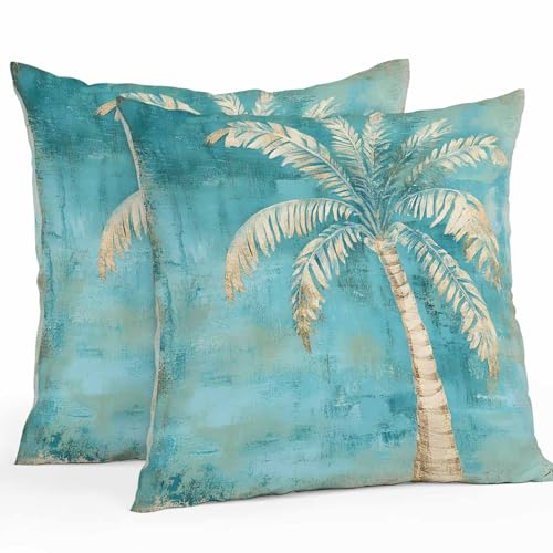 Lsrtoss Coastal Beach Tree Green Outdoor Waterproof Pillow Covers, Vintage Tropical Flower Plant Decorative Square Throw Pillowcase Sofa Cushion Sham for Patio/Couch/Chair, 18'x18' 2 Pack