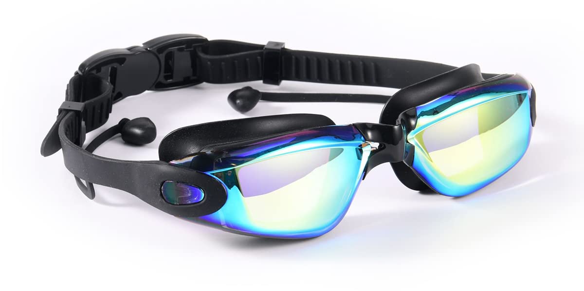 Electroplated Swimming Goggles with Earplugs Anti-fog Anti-UV Swim Eyewear with Flexible Nose Bridge Adjustable Strap No Leaking Pool Goggles Glasses
