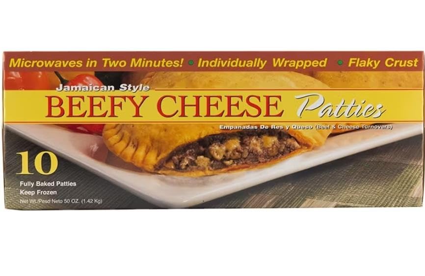 Food Delights Jamaican Style Beefy Cheese Patties are made with ground beef and real cheddar cheese. Each patty is wrapped with a flaky crust for easy hand-held snacking. 10 ct [ 50 oz, 3.12 lb ]