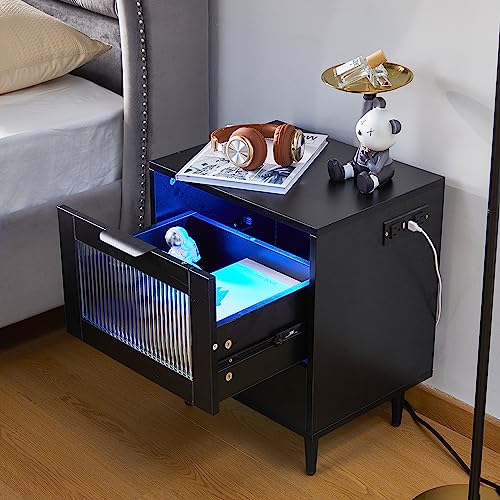 Wirrytor Nightstand With Led Strip Lights And Charging Station, Smart Bedside Table With Remote, 2 Drawers End Table With 2 Usb Ports, 2 Outlets For Bedroom, Black #TOP2