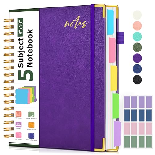 5 Subject Spiral Notebook Journal with Removable Dividers Tabs, 300 Pages Organizer Notebooks for Work School, 8