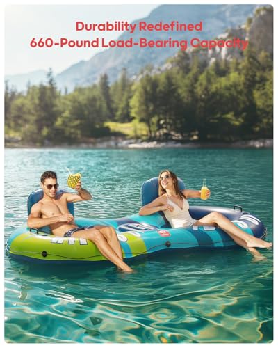 image for QPAU Inflatable Double River Tube, 2 Person 660lb Capacity, Puncture-R