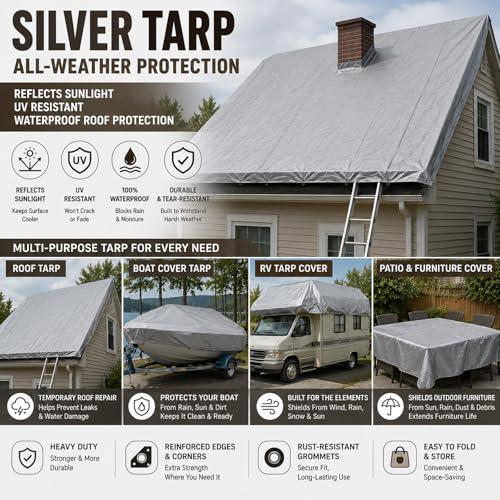 Image of 4 Pack Silver Tarps 8 x 10 ft, 5.5 Mil Waterproof Reflective Tarp, UV Resistant Sun Shade Tarps, Heavy Duty Roof Tarp for Roof Protection, Boat Cover, RV Cover, Cars, Patio Furniture, Camping