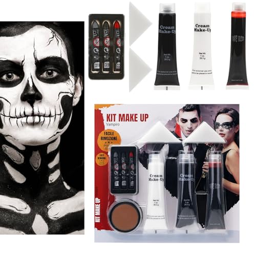 Set de maquillaje para Halloween, pintura facial y corporal en blanco y negro, kit de maquillaje SFX con cera para cicatrices, sangre falsa lavable, pintura facial y corporal para Halloween, SFX