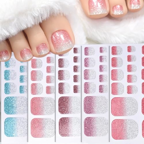Toe Full Nail Wraps Gel Nail Stickers Solid Gradient Pink Blue Glitter Nail Full Wrap Nail Polish Strips 5PCS Pink Blue Purple Self-Adhesive Toe Nail Decals for Women DIY Manicure Nail Art Decorations