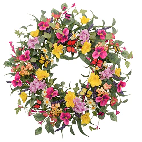20 inch Flower Wreath Spring Door Wreath Artificial Summer Wreath Spring Decorations with Colorful Silk Flowers and Butterflies for Home Wedding Farmhouse Holiday Decor