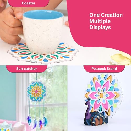 Image of Kores Mandala Art Kit for Kids (6-18 Years) | Glass Paint DIY Art & Craft Kit | Make Coasters & Dreamcatchers | 50+ Elements | Creative & Mindful Activity