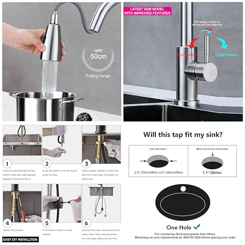 Image of SS-304 Pull Down Sprayer Kitchen Hot and Cold Sink Mixer Tap with 360 Swivel Spout and Pull Out Multifunction Spray Head Faucet - Regular (Flora Matt Silver)