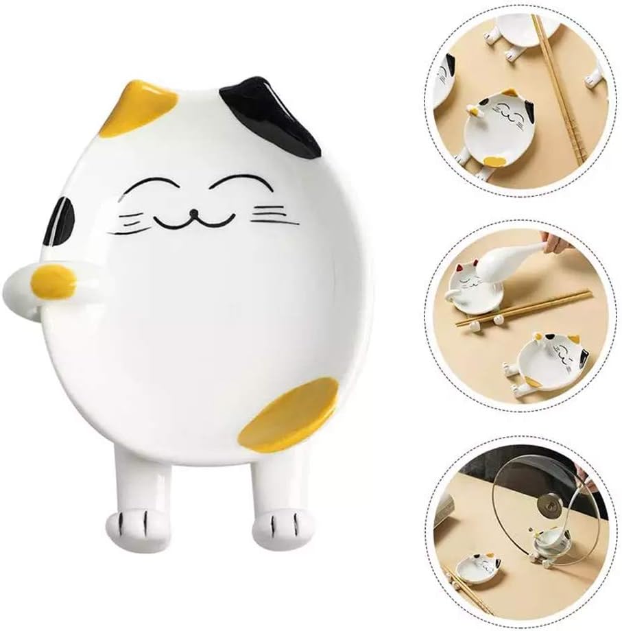 Ceramic Spoon Rest for Kitchen, Multifunctional Cute Cat Shape Cooking Utensil Holder Coffee Spoon Rest Pot Lid Rack Ladle Rest Spatula Utensil Rest for Kitchen Counter & Stove Top - Yellow