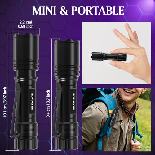 Gofimyee UV Taschenlampe Schwarzlichtlampe, 2 Stück Mini UV lampe mit Einstellbarem Fokus, 395nm Ultraviolett Lampe für Geocaching, Heimtierurindetektoren, Bernsteinsuche usw, Inklusive 2 AA Batterien