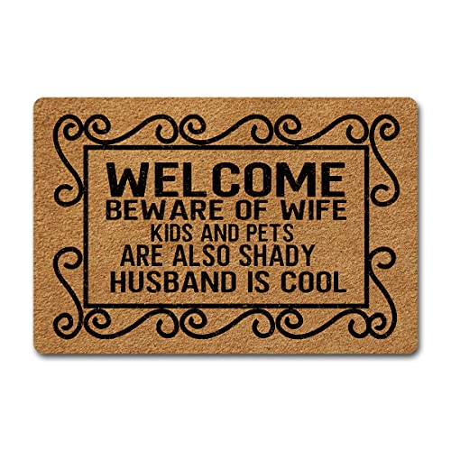 NICESIR Welcome Mat Beware of Wife Husband is Cool Funny Doormat for Home Entrance (23.6 X 15.7 inch) Fabric Top with Rubber Back Doormat for Front Door Indoor Outdoor Rug