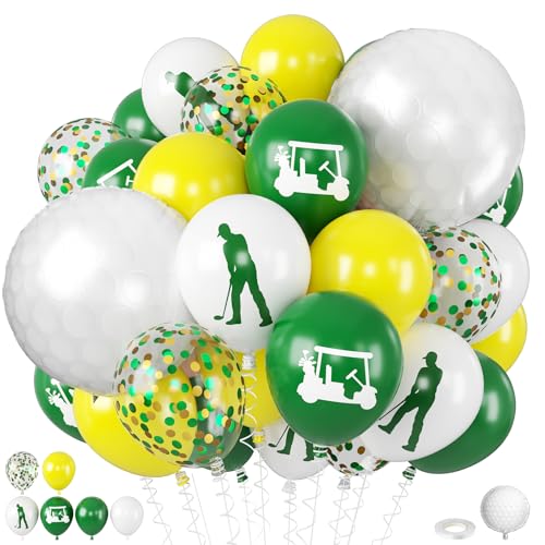 Green Yellow Golf Balloons with 18 Inch Golf Ball Foil Balloon 12 Inch White Yellow Green Print Balloons Confetti for Hole in One Sports Theme Birthday Decorations