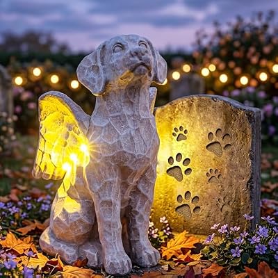 LEAESMHR Solar Angel Dog Statue with Lights, Dog Memorial Statue for Outdoor, Winged Dogs Angel Figurine for Garden, Yard, Lawn, Patio Desk Decor, Memorial Pet Loss Gift