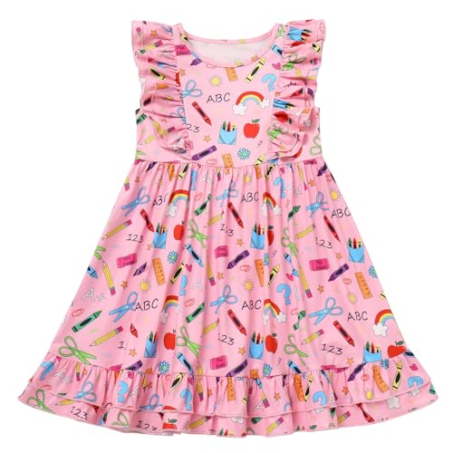 FYMNSI Kids Girls Back to School Dress Toddler Flutter Sleeve Round Neck Ruffle A-Line Princess Dress Summer Casual Dresses