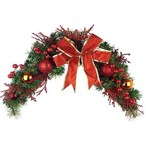 JOJAZE Artificial Christmas Swag 31 Inch with Ribbon Bow and Red Berries Greenery Xmas Decor for Wall, Lintel, Festival, Front Door, Window