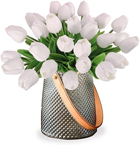 30pcs Real Touch Tulips PU Artificial Flowers, Fake Tulips Flowers for Arrangement Wedding Party Easter Spring Home Dining Room Office Decoration. (White, 14" Tall)