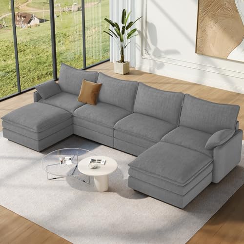 Image of Vesgantti 142 inch U Shaped Sectional Couch, Comfy Cloud Modular Sectional Sofa with 2 Ottoman Deep Seat Chenille Modern Cloud Sofa, Modular Sofas for Living Room, Bedroom and Apartment, Gray