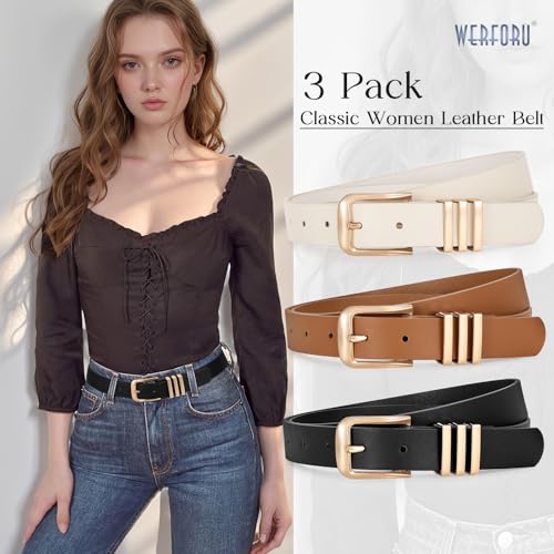 WERFORU 3 Pack Women’ Leather Belt with Square Gold Buckle Fashion Ladies Leather Waist Belt for Jeans Dress2