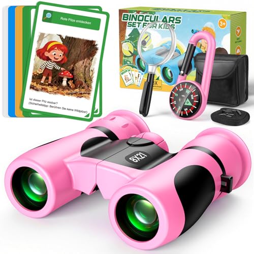 Fernglas für Kinder 8X21 mit Lupe & Kompass & Entdeckerkarten - Geschenk Mädchen 3-10 Jahre Outdoor Spielzeug Spiele ab 4 5 6 7 8 Jahre - Outdoor Schatzsuche und Natur Entdecker Set Kinder