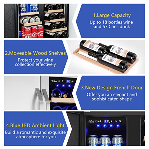 Wine and Beverage Refrigerator,24 Inch Dual Zone Wine Beverage Cooler, Built-in/Freestanding Beer and Wine Fridge with a Powerful Compressor, 20 Bottles and 88 Cans Capacity