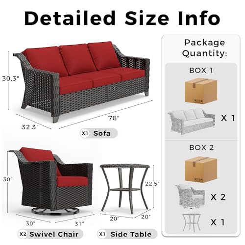 Image of 4 Piece Patio Furniture Set, Wicker Outdoor Conversation Set | Patio Chair Set with Olefin Removable Cushion, All-Weather Outdoor Couch with Deep Seat for Porch, Deck and Backyard, Red