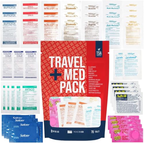Travel Medicine Kit - 78-Piece TSA-Approved Medication Pack for Flights, Cruises & International Travel | Individually Wrapped OTC Medication Essentials
