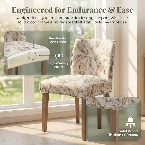 Image of Upholstered Parsons Chair Set of 2, Linen Fabric Floral Patterned Dining Chairs with Walnut Wood Leg Cushioned Back Modern Rustic Side Chairs for Living Room /Kitchen /Dining /Restaurant