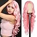 Colorful Queen 26 Inch Pink Wig Long Wavy Pink Wigs for Women Middle Part Synthetic Heat Resistant Wig for Daily Party Cosplay Use