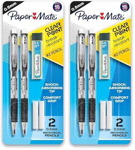 Image of Paper Mate Clearpoint Mechanical Pencils, 0.5mm Break-Resistant HB #2 Lead, Eraser Refills, 2 Count (Pack of 2)