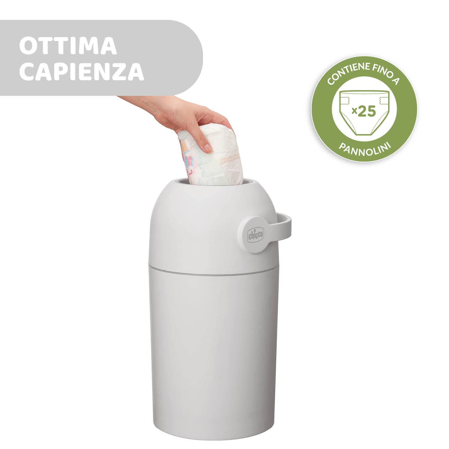 Chicco Mangiapannolini Controlla Odori, Smaltimento Pannolini, Cestino Contenitore Compatto e Salvaspazio, Nessun costo per le Ricariche, Non servono ricariche, si usano i normali Sacchetti, Grigio