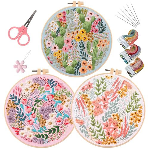Image of LB Pink Floral Embroidery Kit for Beginners Adults, 3 Sets Hand Embroidery Starter Kit with Cactus Flower Pattern and Instructions Stamped Cross Stitch Kits Include Embroidery Hoop Needles Threads
