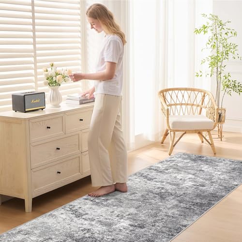 3X12 Washable Runner Rug for Hallway: Soft Neutral Modern Abstract Area Rug - Non-Slip Low Pile Long Throw Indoor Carpet for Kitchen Entryway Kitchen Bedroom Laundry - Grey