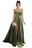 Stylefun Olive Green Satin Square Neck Split Prom Dresses for Women A Line Pleated Long Ball Gown Evening Party Dress with PocketsUS2