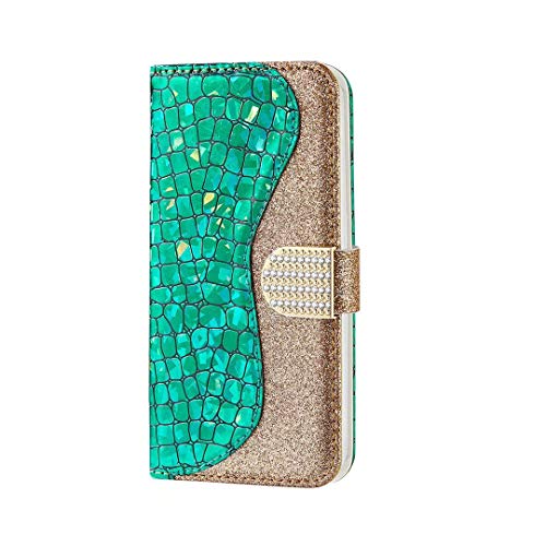 FHXD Compatible con Funda Samsung Galaxy A60 Glitter PU Cuero Flip Wallet Case con [Ranuras para Tarjetas] [Cierre Magn�tico] Anti-Shock Anti-Scratch Cubierta-Verde