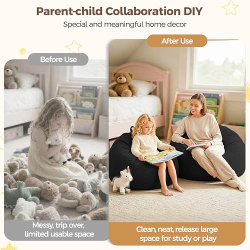 Image of Stuffed Animal Storage Bean Bag Chair Cover for Kids (No Filler), Soft Comfy Velvet Beanbag Chair Cover Machine Washable, Kids Bean Bag Chair with Handle for Living Room Bedroom Dorm, Black