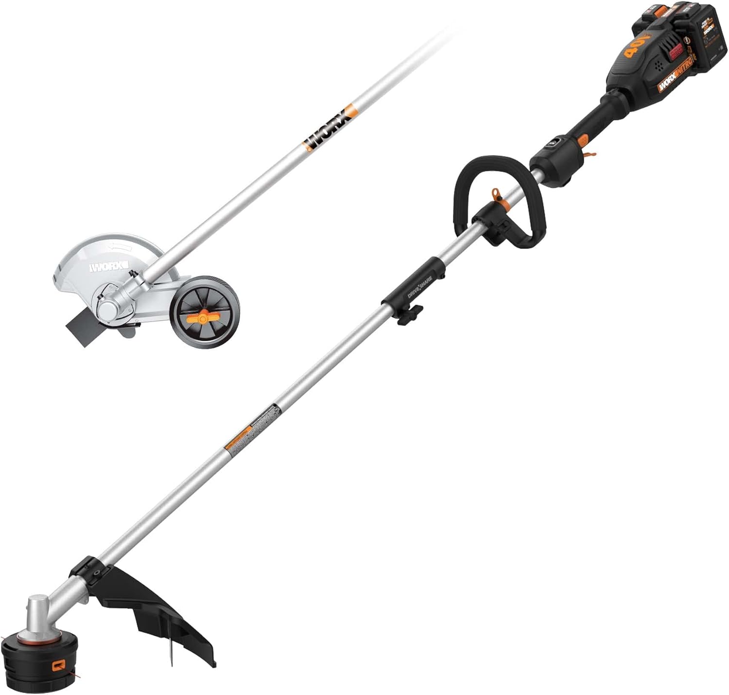 WORX WG186 40V Nitro Power Share Cordless Attachment-Capable Driveshare 15" String Trimmer with WA0223 40V Nitro Driveshare 8" Universal Lawn Edger Attachment