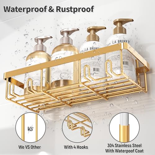 Image of Liuoud 10 Pack Shower Caddy Organizer Rack Shelf for Inside Shower, Self Adhesive Wall Storage Basket Rustproof Stainless Steel Shampoo Holder Bathroom Accessory Decor Set, Bright Gold